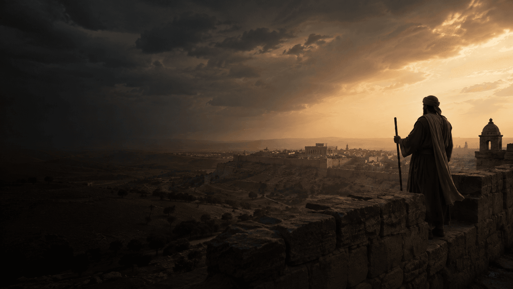 A solitary watchman overlooking a distant ancient city